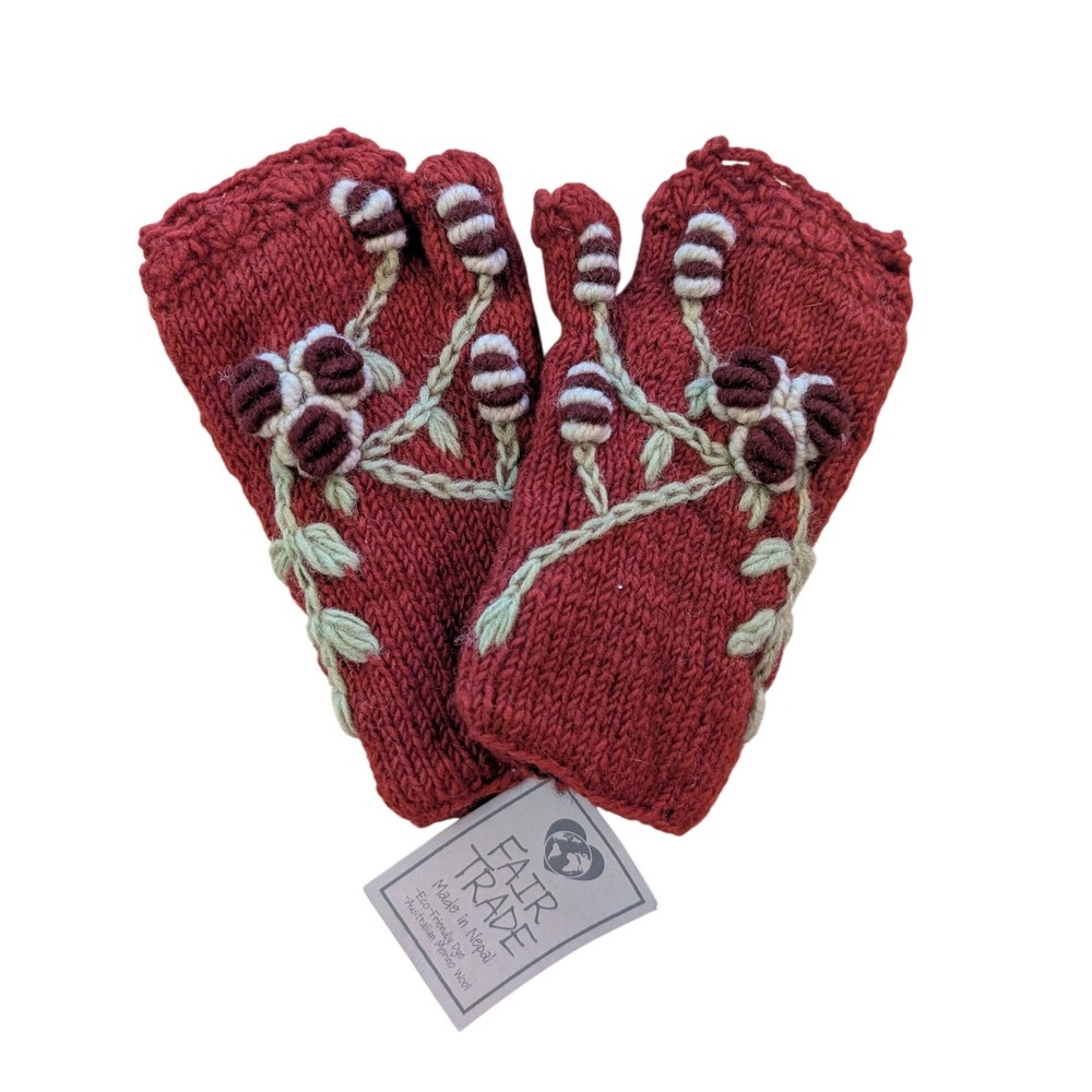 Paths of the Spirit Fingerless Gloves Red Wool Floral Knit Fair Trade Holidays